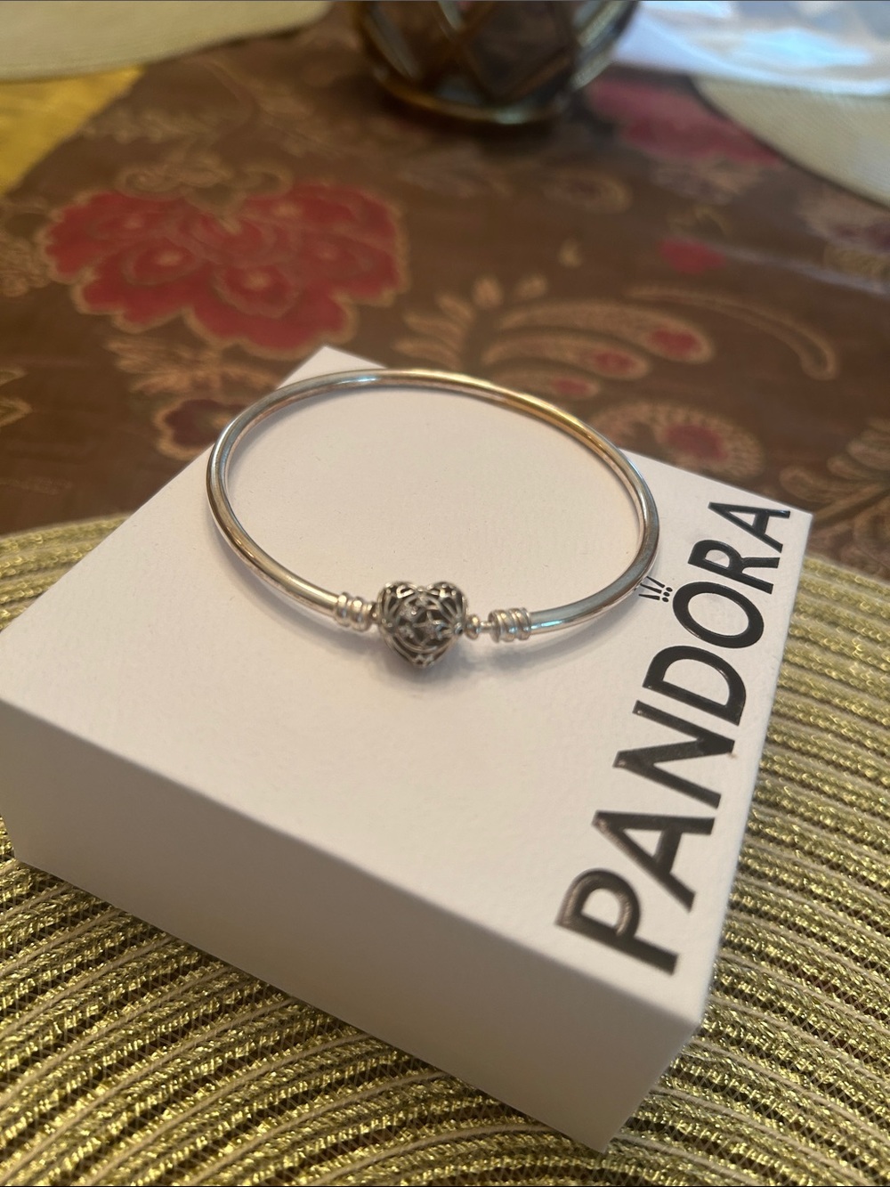 Pandora Silver Filigree Heart Clasp Bangle